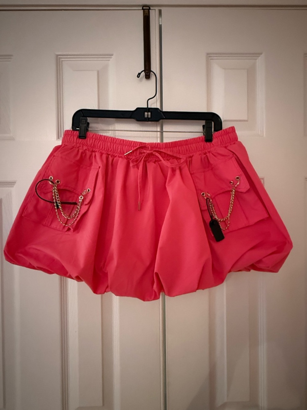 Pink Bubble Mini Skirt with Chain-Detail Pockets
